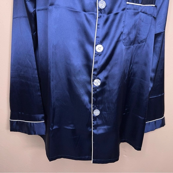 Medium Blue Satin Button Front Pajama Top Long Sleeve Glam - Picture 5 of 11